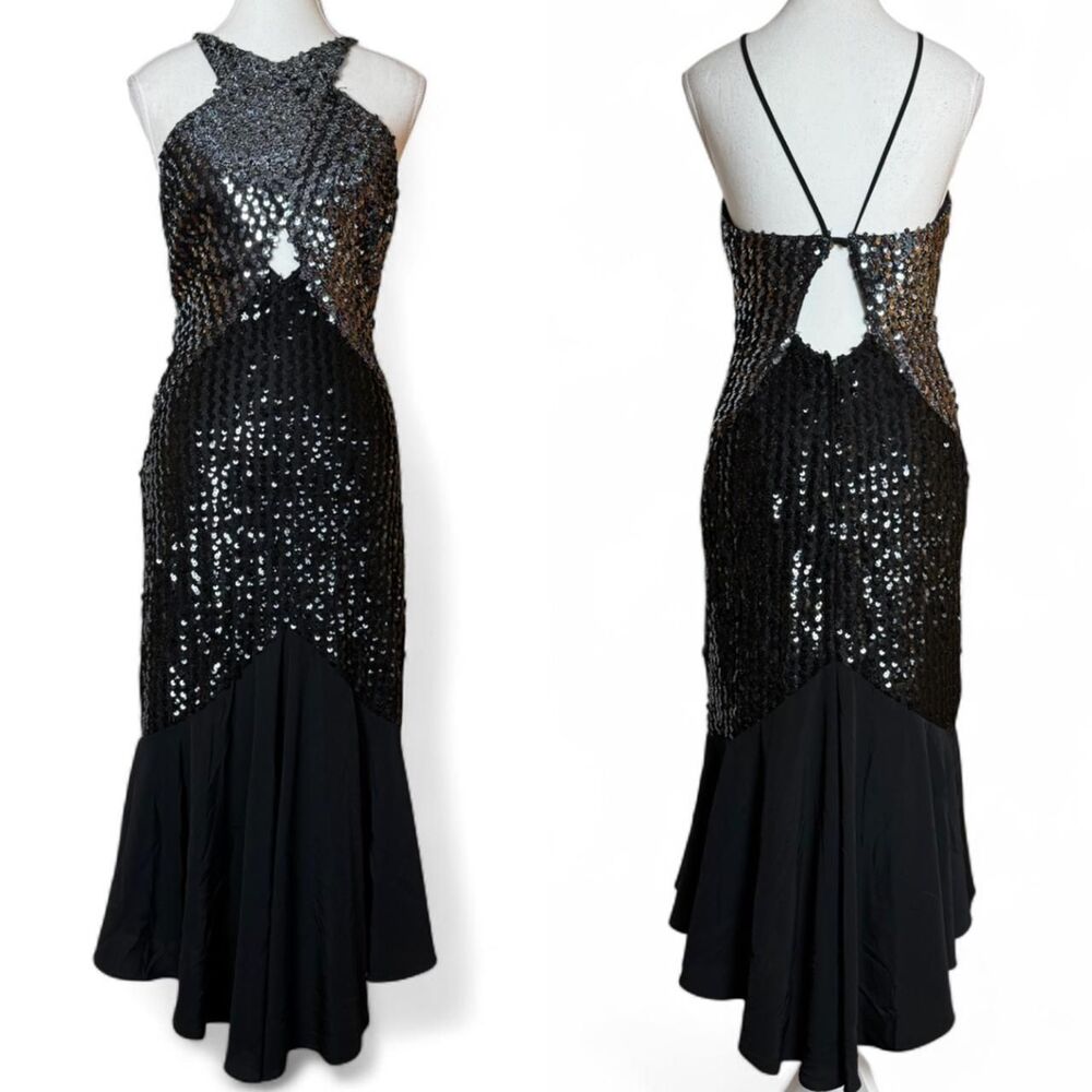 Vintage 80s/90s black and silver sequin glitter halter gown
